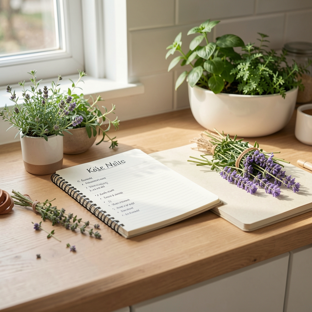 Helle Küchenarbeitsfläche mit frischen Kräutern, Olivenöl und Holzschneidebrett, ruhige editoriale Komposition