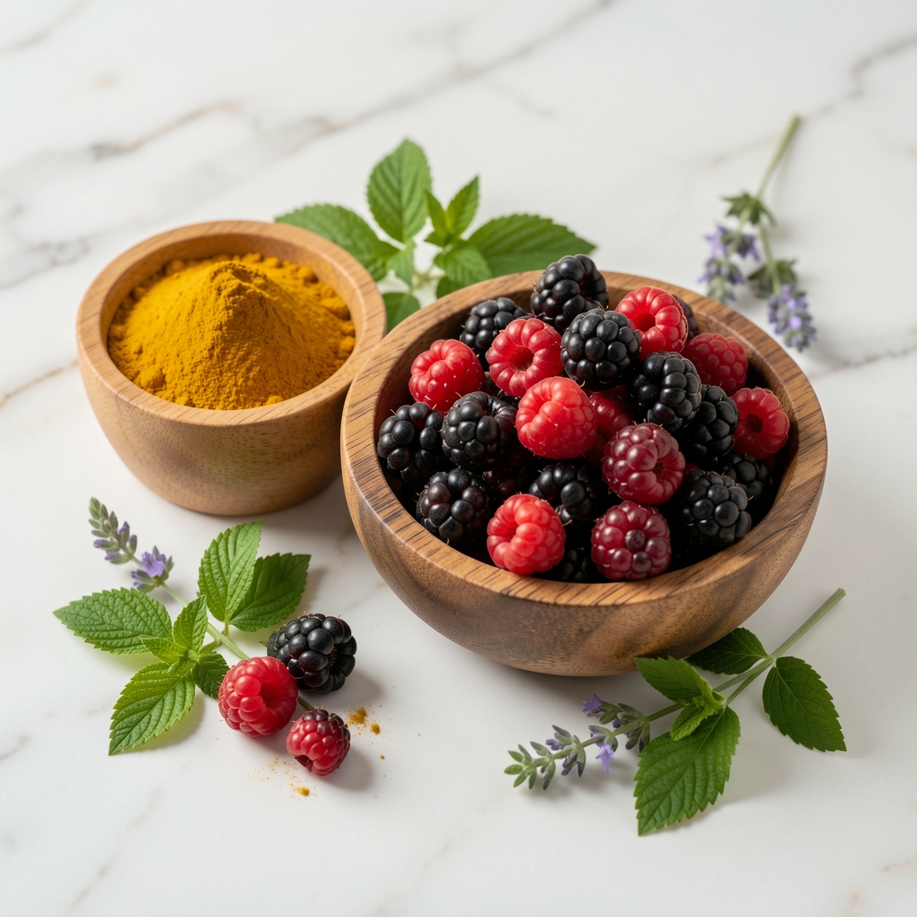 Frische Heidelbeeren und Brombeeren in kleiner Holzschale neben Kurkumapulver und frischen Kräutern, heller Marmor-Untergrund, Tageslicht