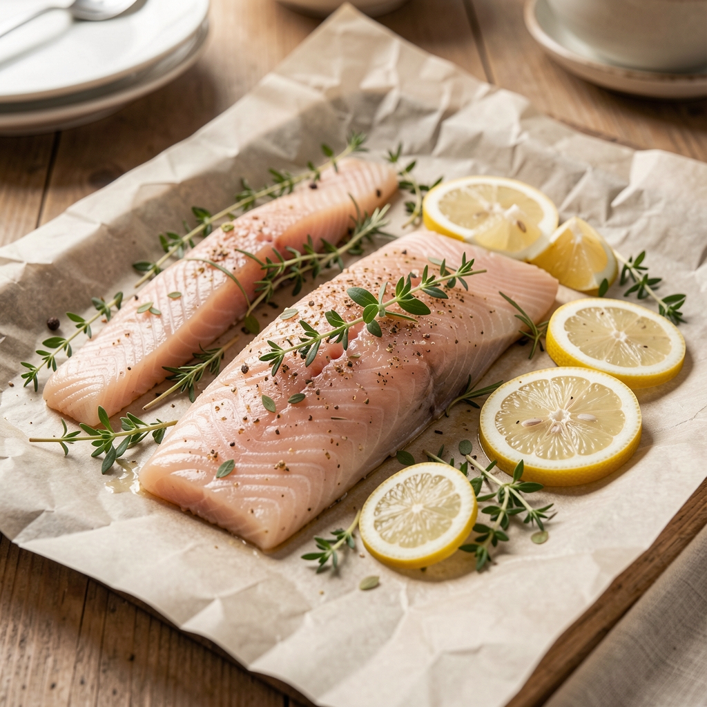 Makrelenfilets auf Backpapier mit frischen Kräutern und Zitronenscheiben, Vorbereitung zur schonenden Zubereitung, natürliches Licht